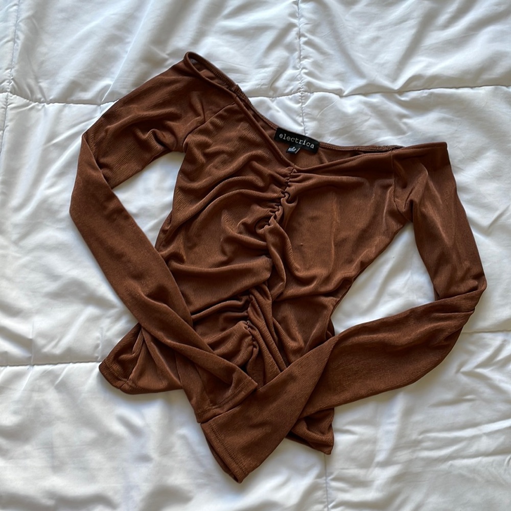 Gold bronze off the shoulder ruched crop top